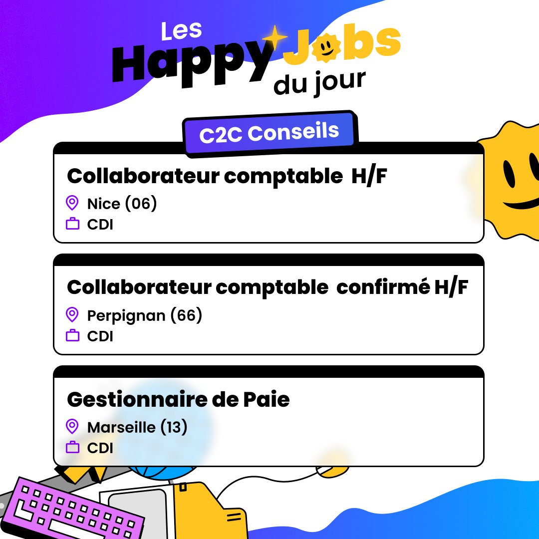 VieDeComptable1's tweet photo. 🚀 Les #HappyJobs du jour 🚀
Que ce soit à Nice, Marseille ou encore Perpignan, le cabinet C2C Conseils #recrute ! 🤩 😏
Découvre vite les avantages de ce cabinet sur leur page #HappyCab et #postule si l'une des #offres te correspond 👉 😉 https://t.co/DWD5BU9feK https://t.co/1sBwC8DUTX
