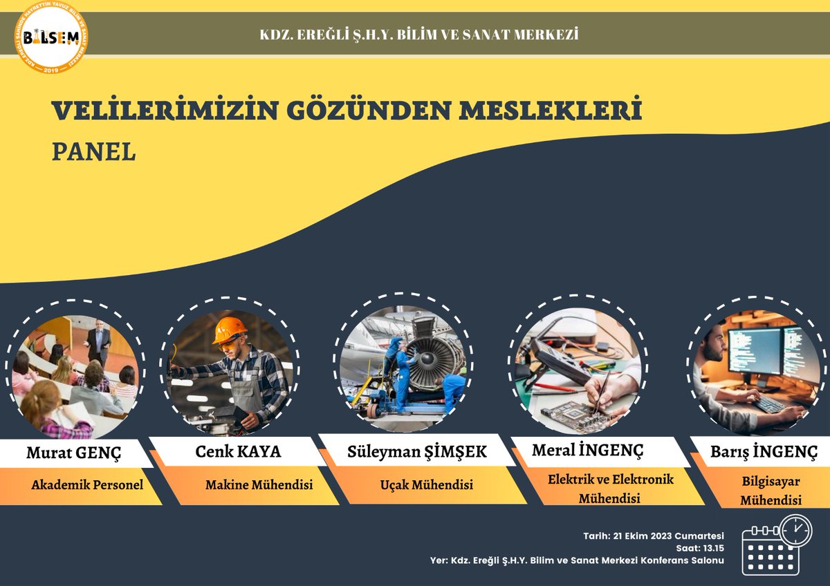 BilsemKdz's tweet photo. Öğrencilerimizin kariyer gelişimlerine katkı sağlamak, meslekler konusunda farkındalıklarını artırmak amacıyla “Velilerimizin Gözünden Meslekleri” konulu panel 21 Ekim 2023 Cumartesi günü saat 13.15 de oklumuz konferans salonunda yapılacaktır. https://t.co/6DtkJNH9mf