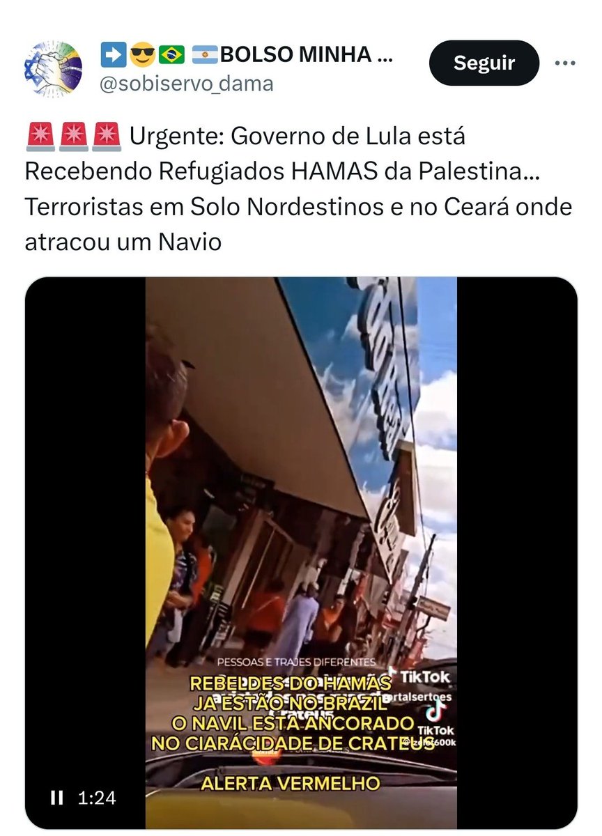 vinicios_betiol's tweet photo. DENÚNCIA: os bolsonaristas estão espalhando a Fake News de que o governo Lula trouxe um navio cheio de membros do Hamas para o nordeste brasileiro. Está rolando em outras redes, mas consegui identificar o perfil do Twitter que está espalhando isso. Ajudem a denunciar. O Flávio Dino precisa mandar a Polícia Federal identificar esse grupo para que o Alexandre de Moraes envie para a Papuda, junto com os outros que já estão lá.