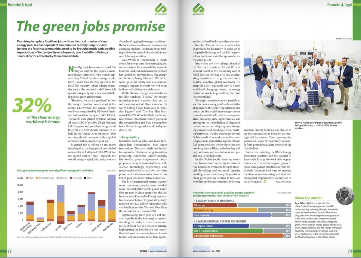 RMIAfrica's tweet photo. Did you know women only account for 32% of the clean energy workforce? When it comes to jobs and the #EnergyTransition, equity must be factored in, says RMI’s @RAlfaroPelico.
Read on⬇️
https://t.co/lr0tvLEe9Q via @pvmagazine
#GreenJobs #TrainForClimate #GenderEquity https://t.co/RA5BCPkgLG