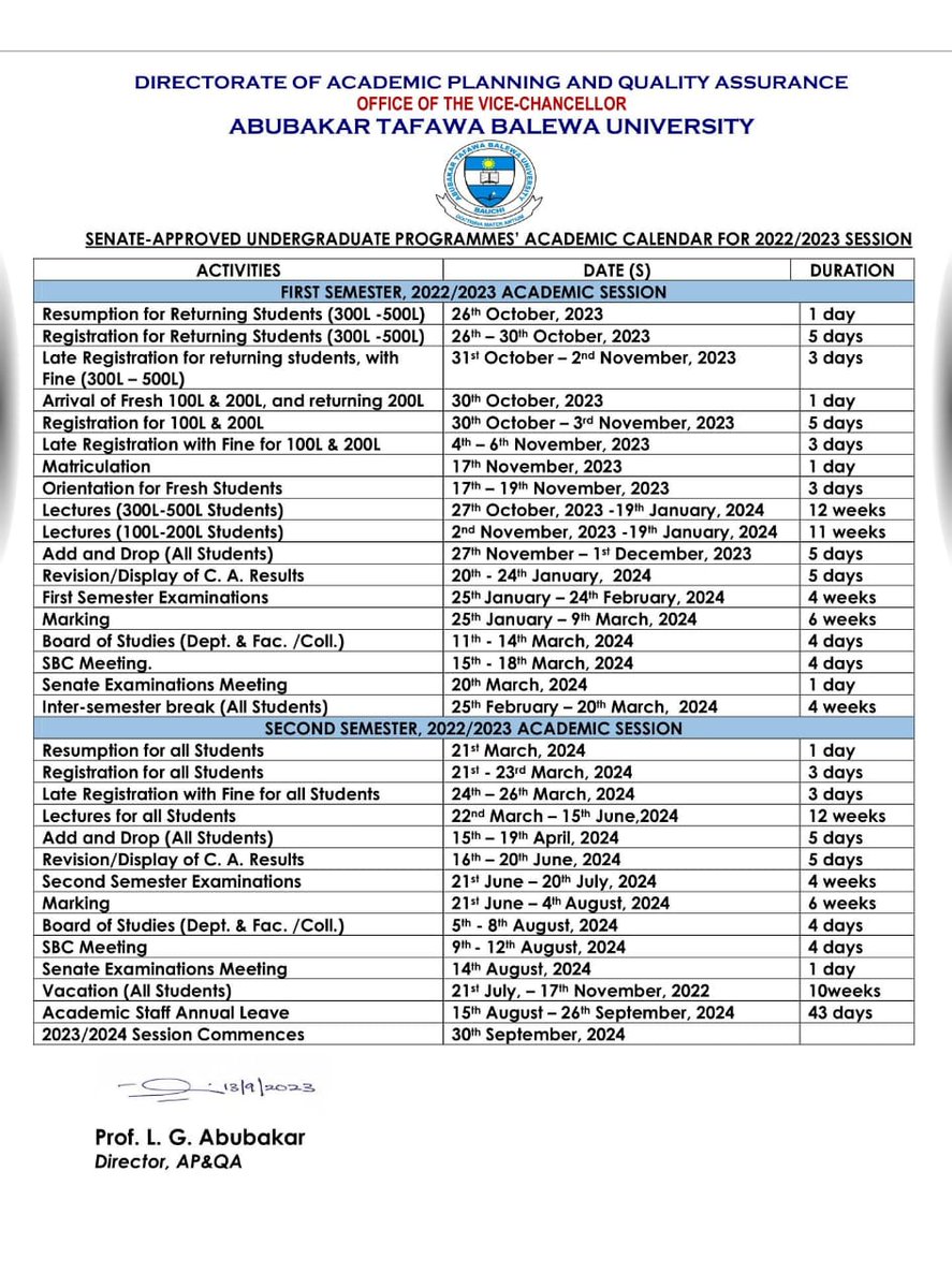 2022/2023 Undergraduate Academic Calendar