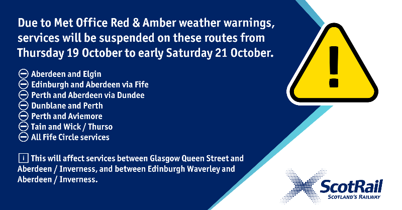 ScotRail's tweet photo. ScotRail is warning customers of significant disruption to services, following the Met Office red and amber weather warnings for heavy rain and high winds. Click for more information.