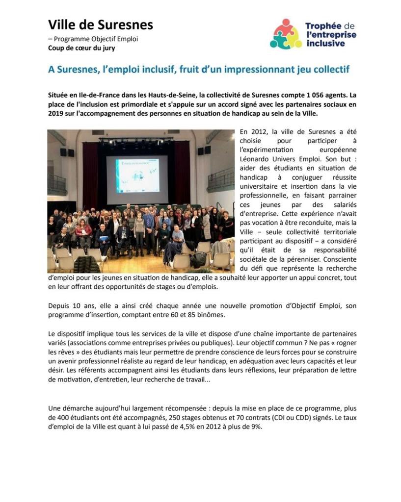 De_Lavalette_B's tweet photo. Fière que le projet Objectif Emploi que j’ai lancé en 2013 & l’accord “Accompagnement des personnes en situation de handicap” que j’ai signé avec CGT,CFDT,Synper,FO aient permis à @villedesuresnes de remporter ce 11 octobre le trophée de l’Entreprise inclusive remis par O.Dussopt https://t.co/OboVvGvIIS