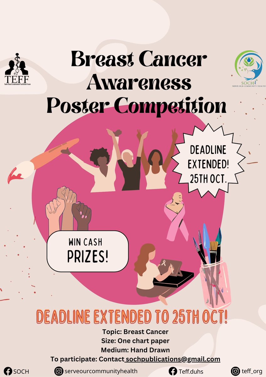 Join the Creative Battle Against Breast Cancer! 

We're excited to announce that the deadline for submissions of the Breast Cancer Awareness Poster Competition has been extended to October 25th. 

Details and submissions at sochpublications@gmail.com.

#Pinktober #teff #soch