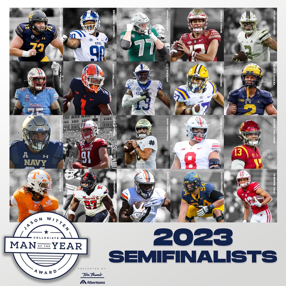 We are proud to announce the 20 semifinalists for the 7th annual Jason Witten Collegiate Man of the Year Award, presented by Tom Thumb and Albertsons. The award honors exemplary leadership among FBS players, both on and off the field. jasonwitten82.com/jason-witten-c…