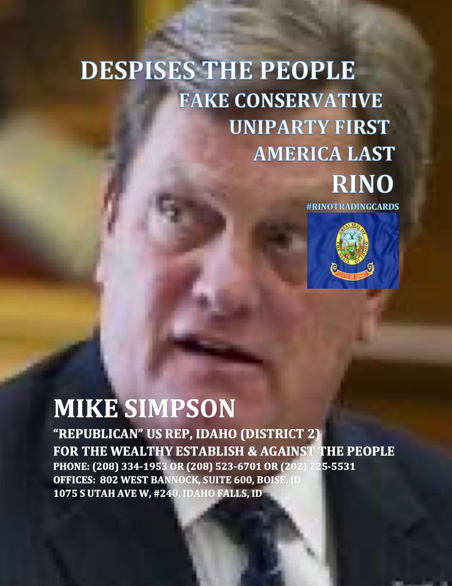MrSausageGet's tweet photo. @catturd2 @jdprice63 @CongMikeSimpson #RINOTRADINGCARDS #Idaho #MikeSimpson #Uniparty #RINO #Traitor https://t.co/uenGPjcbRu
