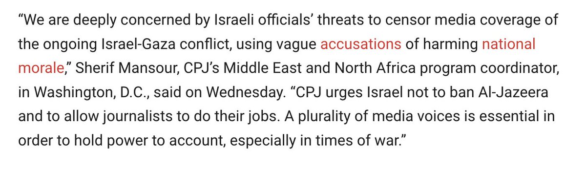 Israel is threatening to shut down the local bureau of Al-Jazeera, one of the few global media outlets with a physical presence both in Gaza and Israel. 

cpj.org/2023/10/cpj-ur…