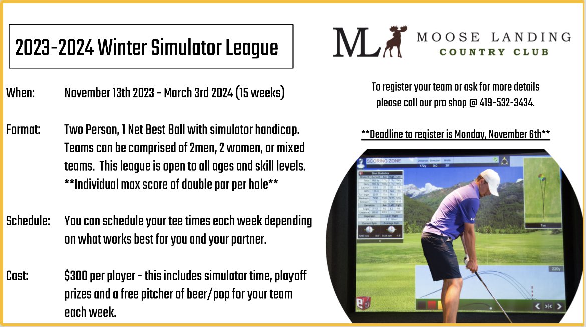Looking for something to do this winter?  Come out to <a href="/MooseLanding/">@MooseLandingCC</a> and join our Winter Golf Simulator League. See below for more details or call the proshop at 419-532-3434.