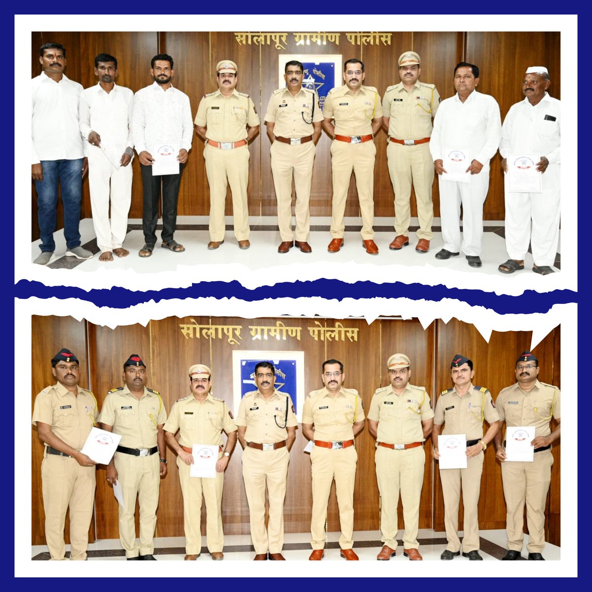 SpSolapurRural's tweet image. ग्रामीण व हिम्मत जाधव अपर पोलीस अधीक्षक सोलापूर ग्रामीण यांचे हस्ते प्रशस्तीपत्र देवून गौरविण्यात आले..
#GoodDetection 
#SolapurRuralPolice 
#CrimeMeeting