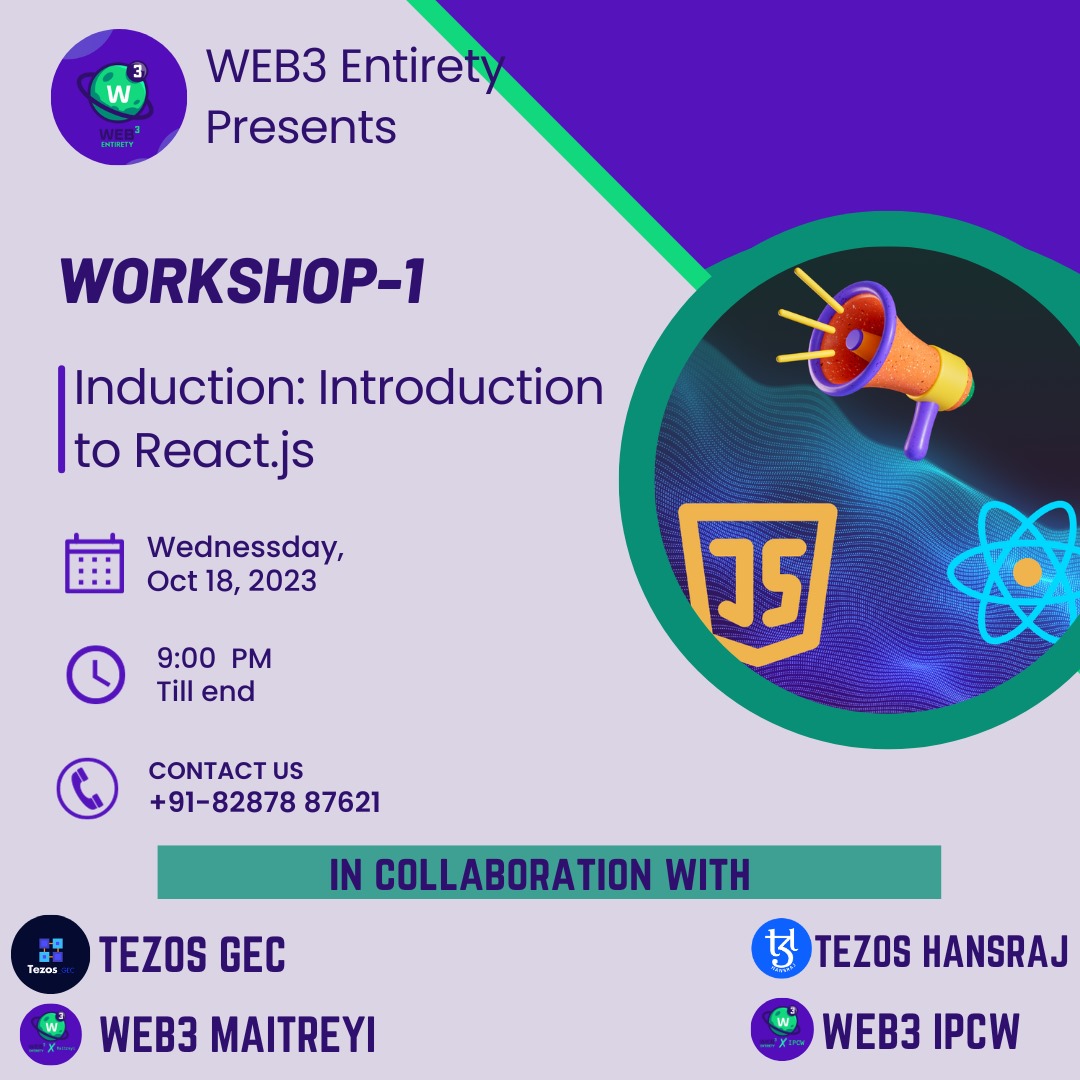 web3entirety's tweet photo. 🚀 Exciting news! Our 7-Day Bootcamp is LIVE!
 Join us today, 18th October at 9 PM for the first workshop: "Introduction to React.js."
Register link:https://t.co/oPxmbj4PBt Let's kickstart this amazing learning journey together! 💻🌐 #Bootcamp #ReactJS #TechEd #LearnToCode #Web https://t.co/fooel2hTr8