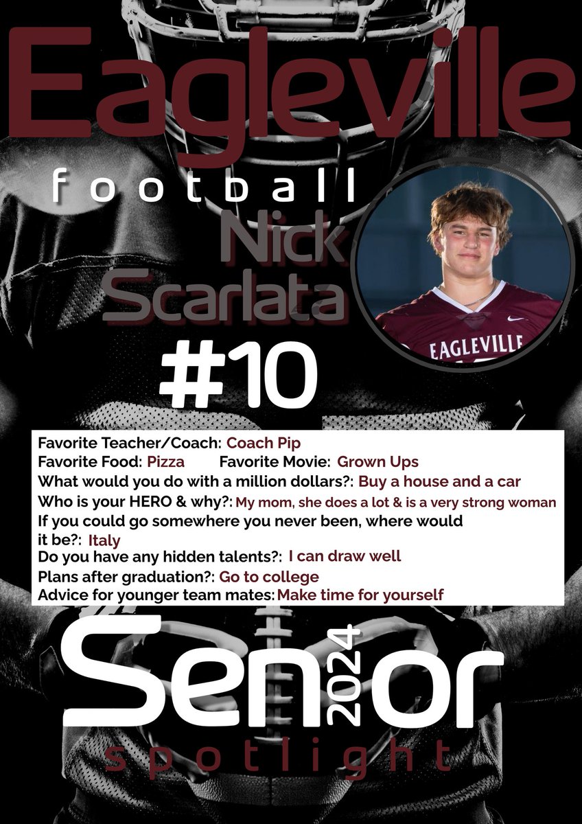 ⚫️ Senior Spotlight ⚫️ A few fun facts about our Senior this week!! 🏈 #ehsfootball #Senior
