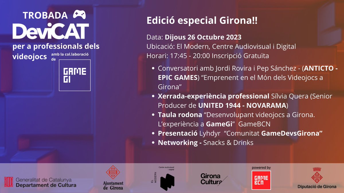 Devicat (@devicat_) on Twitter photo Parlarem d’innovació en #videojocs emprendeoria (financiació, xarxes de suport i comunitats)
Participen <a href="/AntictoGames/">Anticto</a> #epicgames
<a href="/novarama/">Novarama</a> <a href="/United_1944/">UNITED 1944</a>
i els projectes d’incubació @gamegi <a href="/AdhucDigital/">Adhuc Digital</a> <a href="/PlayWildRumble/">Wild Rumble ⚽</a> #PlayertoPlayer
suport de <a href="/gamebcn/">GameBCN</a> <a href="/GironaCrea/">GironaCrea</a> <a href="/GironaCultura/">#GironaCultura</a> Parlarem d’innovació en #videojocs emprendeoria (financiació, xarxes de suport i comunitats)
Participen <a href="/AntictoGames/">Anticto</a> #epicgames
<a href="/novarama/">Novarama</a> <a href="/United_1944/">UNITED 1944</a>
i els projectes d’incubació @gamegi <a href="/AdhucDigital/">Adhuc Digital</a> <a href="/PlayWildRumble/">Wild Rumble ⚽</a> #PlayertoPlayer
suport de <a href="/gamebcn/">GameBCN</a> <a href="/GironaCrea/">GironaCrea</a> <a href="/GironaCultura/">#GironaCultura</a>