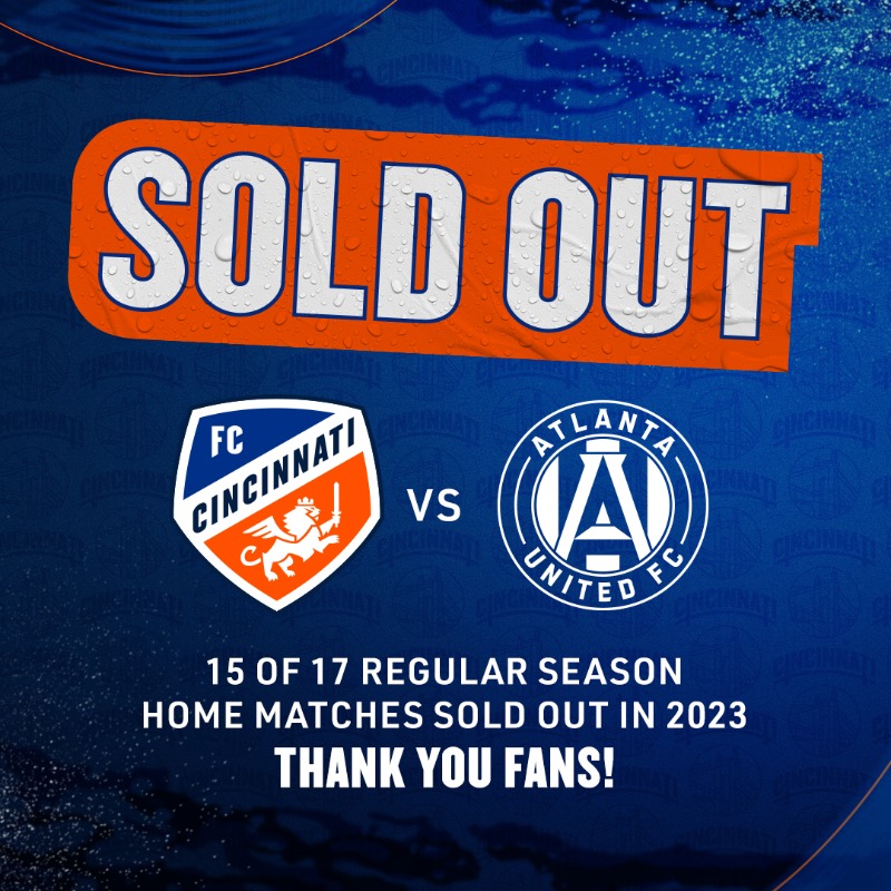 fccincinnati's tweet photo. Cincinnati knows how to show out 👏

FC Cincinnati announce sellout for Fan Appreciation match. Kickoff is set for 6 PM ET on Saturday.