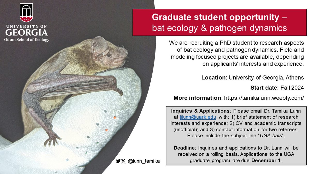 #PhD alert🚨 I am recruiting a #PhDStudent to join my new lab @UGAEcology. Field and modeling focused projects are available depending on applicants’ interests and experience. Come join a world leading organization in disease ecology, and live in lovely #AthensGA