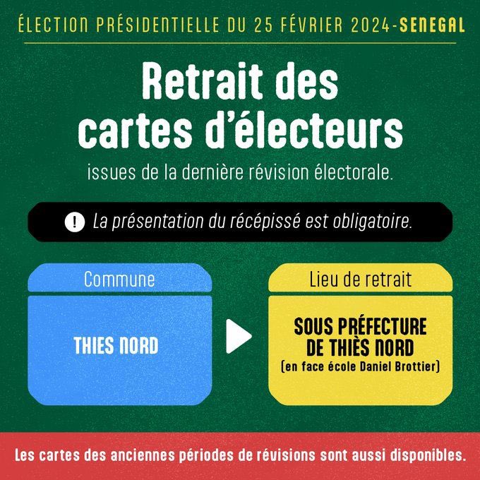 Awa_Juuf's tweet photo. Les cartes sont disponibles dans certaines préfectures nous collections les infos et vous les transmettrons ASAP 

📍Région de Thiès 

Vos cartes sont dispo munissez du récépissé et de la CNI.

#JëliSamaCarte 
#SunuVote2024 https://t.co/y52U1Y4hVi