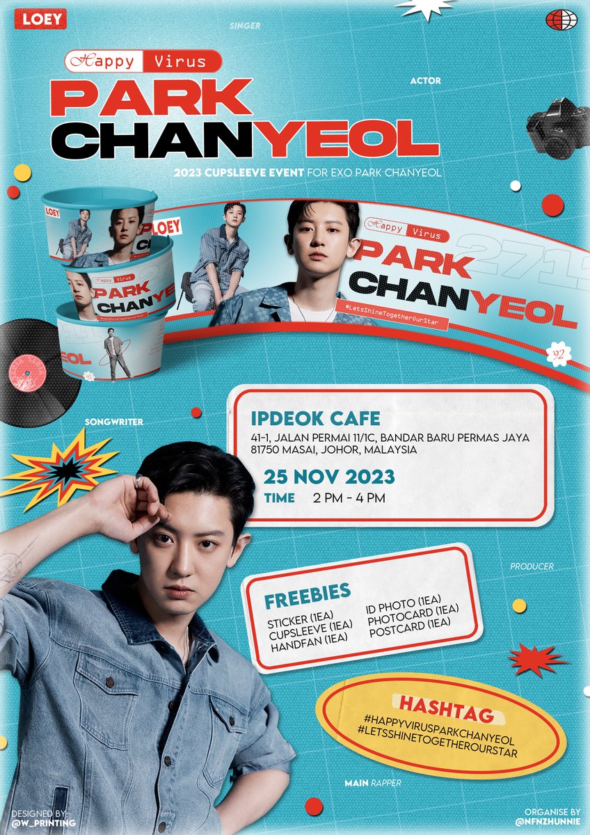 Hello Eri-ya 🧚🏻‍♀️ You're invited to

🍒 HAPPY VIRUS PARK CHANYEOL🍒
🗓️25-NOV-2023 (SATURDAY)
🕧2.00PM - 4.00PM
📍IPDEOK CAFE @ PERMAS JAYA
👚🩵💙
🎫RSVP : forms.gle/MrtsXYnvyPvEe8…
#CHANYEOL #PARKCHANYEOL #HappyVirusParkChanyeol #LetsShineTogetherOurStar #CUPSLEEVEMY
