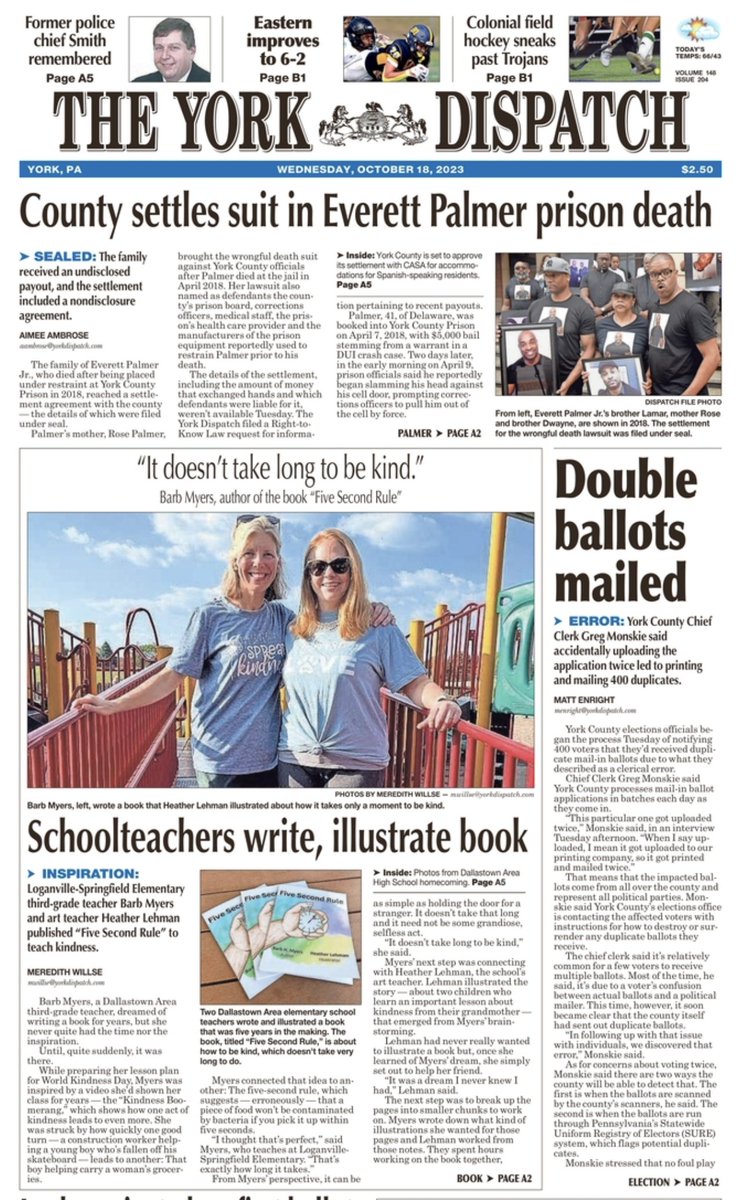 Wallace McKelvey (@wjmckelvey) on Twitter photo Printing issues will delay the delivery of this morning's paper, but the <a href="/YorkDispatch/">York Dispatch</a> is breaking big news.
Prison wrongful death settlement: yorkdispatch.com/story/news/loc…
York Co. sends duplicate ballots: yorkdispatch.com/story/news/loc…
Spanish-speaking voter suit: yorkdispatch.com/story/news/loc… Printing issues will delay the delivery of this morning's paper, but the <a href="/YorkDispatch/">York Dispatch</a> is breaking big news.
Prison wrongful death settlement: yorkdispatch.com/story/news/loc…
York Co. sends duplicate ballots: yorkdispatch.com/story/news/loc…
Spanish-speaking voter suit: yorkdispatch.com/story/news/loc…