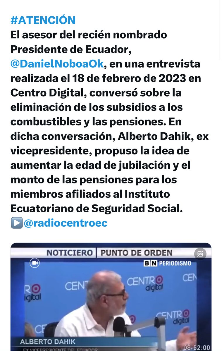 SomosSemillaEc's tweet photo. Primero la vicepresidenta Abad y ahora Dahik asesor de Noboa tiene la misma línea de aumentar la edad de jubilación. Quieren acabar con todo. NO TE PUEDES QUEJAR! https://t.co/2SqzPswtwd