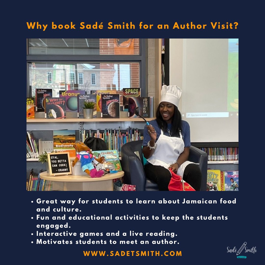 It’s that time of the school year again for author visits!!!😁🎉📚 I am now available for school visits and writing workshops, please visit my website at sadetsmith.com for more info. Book today! Link in bio. 📚📚📚 #schoolvisit #authorvisit #grannyskitchen #juliemango