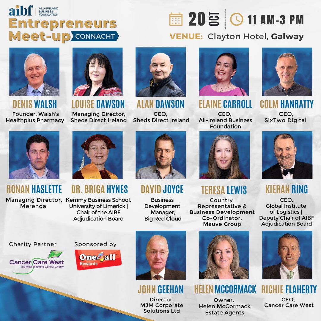 aibfallstars's tweet image. Check out our speakers for Friday's Connacht Entrepreneurs Meet-Up! 

We are so excited to gather the brightest entrepreneurs &amp;amp; business leaders in the West for the AIBF Connacht Entrepreneurs Meet-Up this Fri Oct20th in the Clayton Hotel Galway

SignUp: learn.aibf.ie/galway