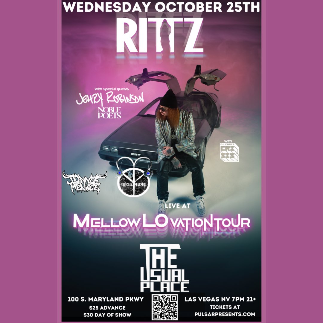 PulsarSmash702's tweet photo. ONE WEEK AWAY! RITTZ brings the MellowLOVation Tour to Las Vegas Wednesday October 25th at The Usual Place! This is an absolutely stacked lineup feat Jehry Robinson, Noble Poets, Donnie Menace and Priscilla Peaceful! Tix on Eventbrite! https://t.co/3c0UV1ztoW