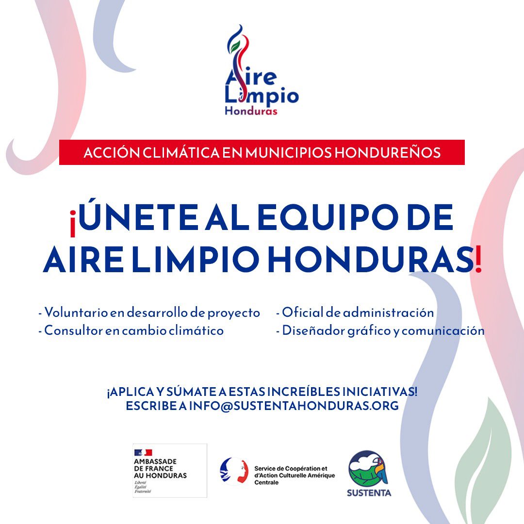 🍃 ¡Aplica a nuestra convocatoria!

📌El proyecto #AireLimpioHonduras es financiado busca la contratación de cinco (5) profesionales en comunicación y cambio climático, así cómo voluntarios.

✅ Aplica aquí: bit.ly/aplica-airelim…
✅ Más información: bit.ly/convocatoria-a…