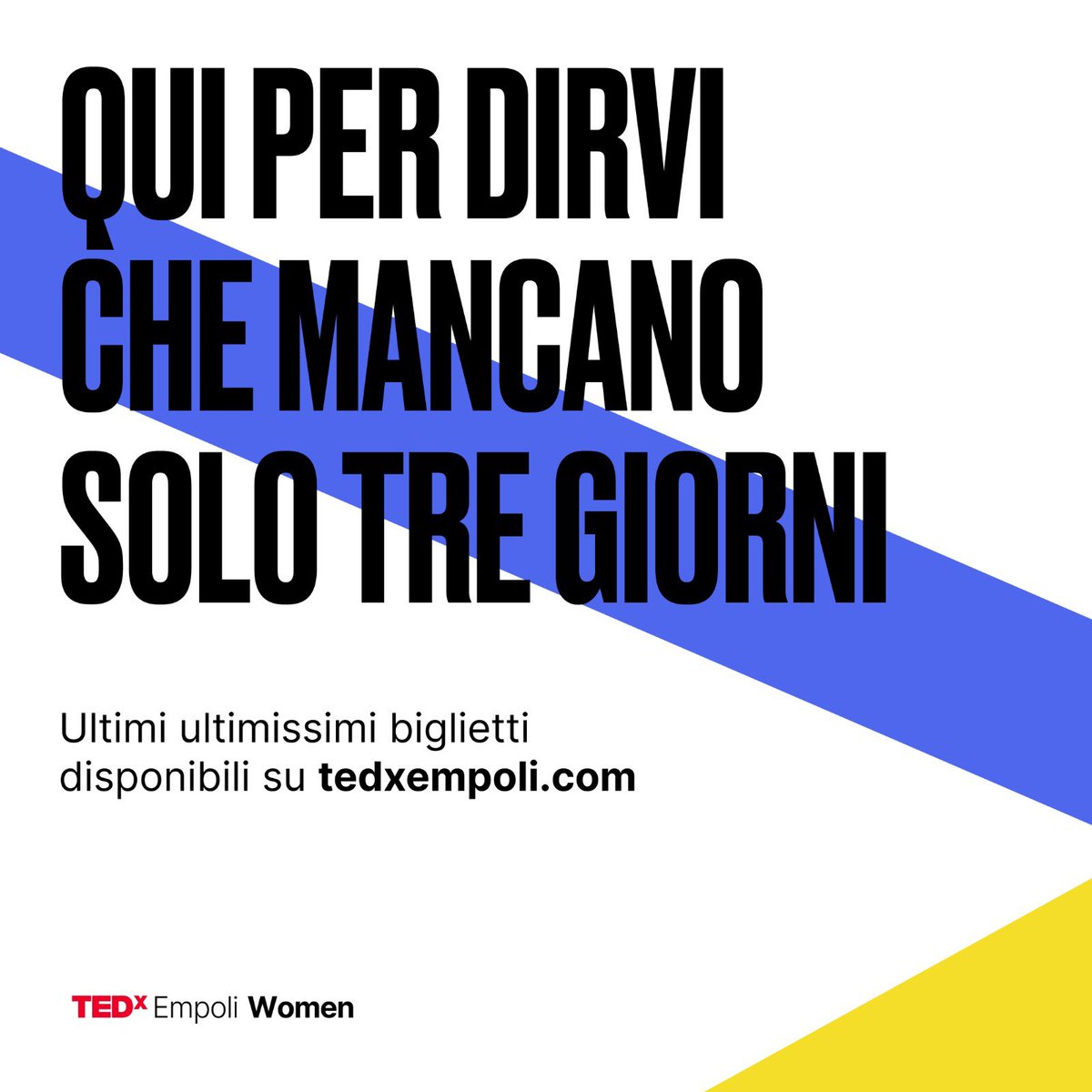 Ci siamo!
Mancano solo 3 giorni al #TEDxEmpoliWomen

🗓 Sabato 21 ottobre dalle ore 15:00 (si consiglia di arrivare un po’ prima per accreditarsi e prendere posto)
📍 Teatro Il Momento, Empoli (entrata da lato Libreria La San Paolo Libri &amp; Persone)
🎤 6 Speaker + 1 intervento