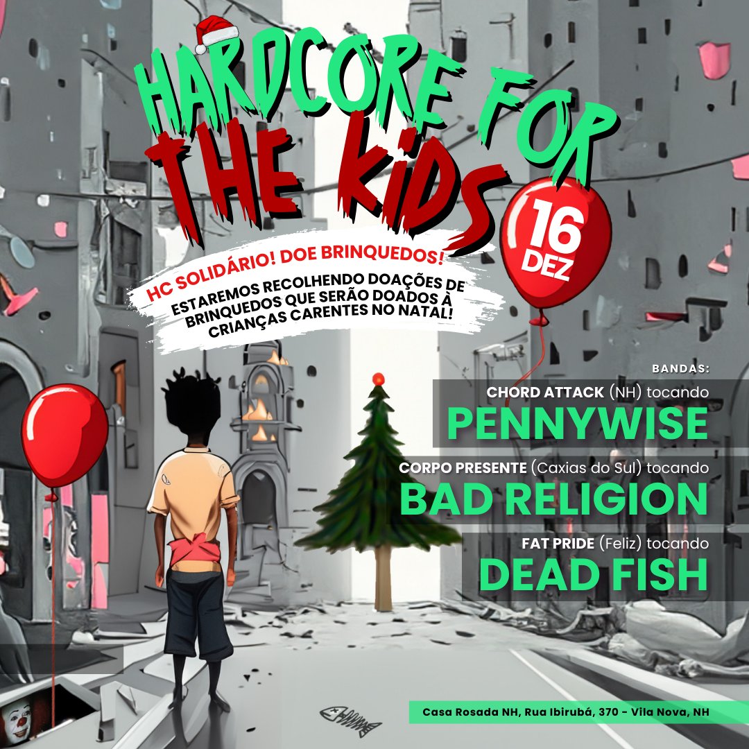 fatpride's tweet photo. Hardcore for the Kids! 16/12
na Casa Rosada NH! 🤘

Chord Attack tocando Pennywise
Corpo Presente Tocando Bad Religion
Fat Pride tocando Dead Fish

🎈 HC SOLIDÁRIO! DOE BRINQUEDOS! 🧸
Estaremos recolhendo doações de brinquedos que serão doados à crianças carentes no natal! https://t.co/BTR06ORECj