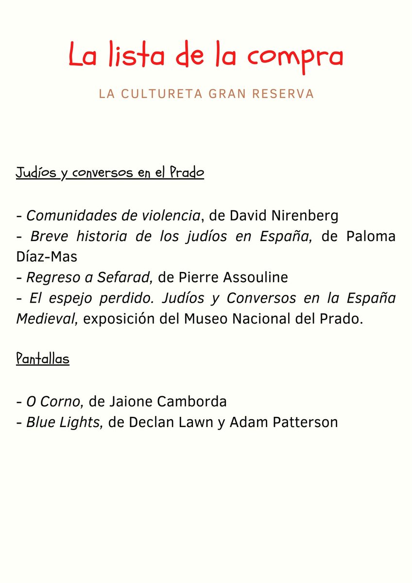 LaCultureta's tweet photo. 🛒La #ListaDeLaCompra de esta semana nos habla de judíos y conversos, antisemitismo en el arte y una película que a @sergiodelmolino le ha ENCANTADO. https://t.co/HC9nHMrwMD https://t.co/pkrWd9JAYX