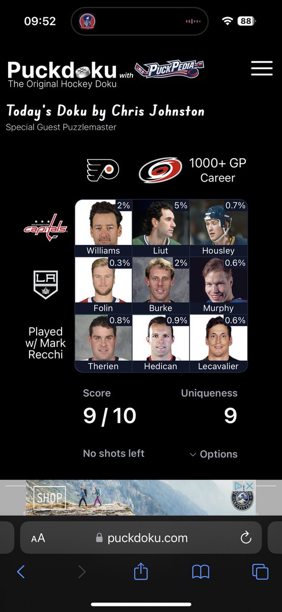 EngleLaw29's tweet photo. @puckdoku @reporterchris Puckdoku Game 109 - 9/10:

9 Uniqueness
🟩🟩🟩
🟩🟩🟩
🟩🟩🟩

https://t.co/0lqXxOZLUu

I lost the win because Rod Langway had 994 NHL games. Boo!
I threw Justin Williams on the board as a tribute to the theme https://t.co/IoLXX42C2P
