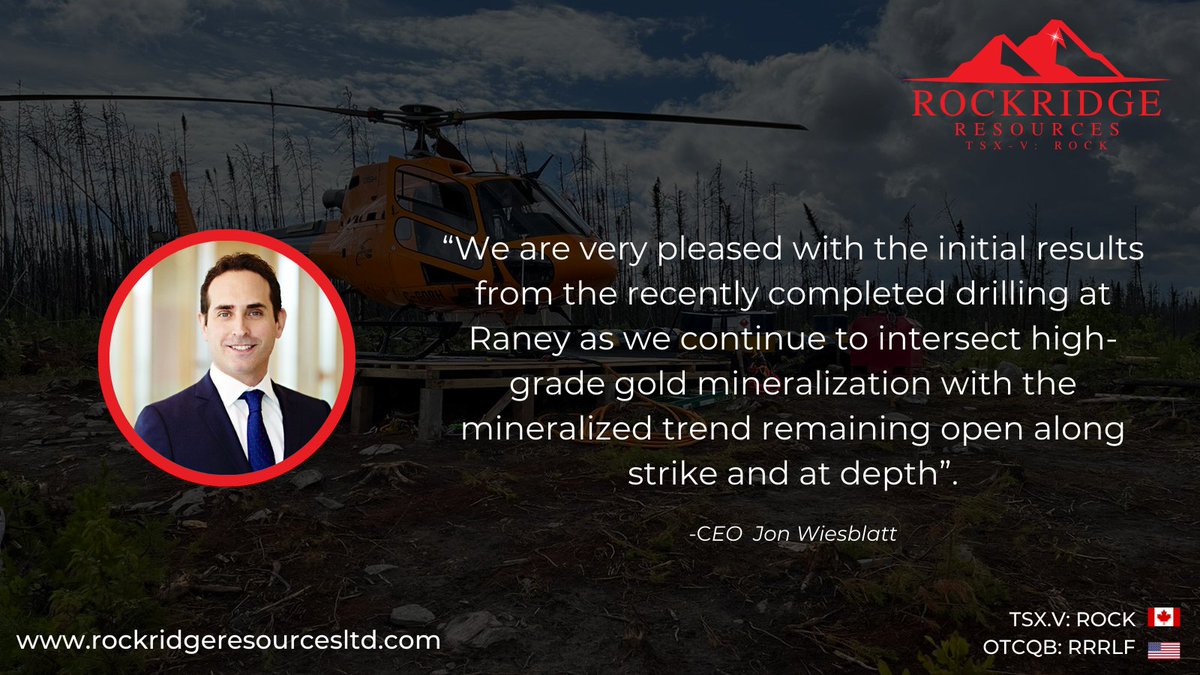 Initial results have been received from the completed 2023 drill program as we continue to expand the central Raney Gold Zone and test the extension of the Raney Zone in the east and the west directions⚒️ #Gold #Exploration $ROCK $RRRLF Read🔎: rockridgeresourcesltd.com/news-and-media…