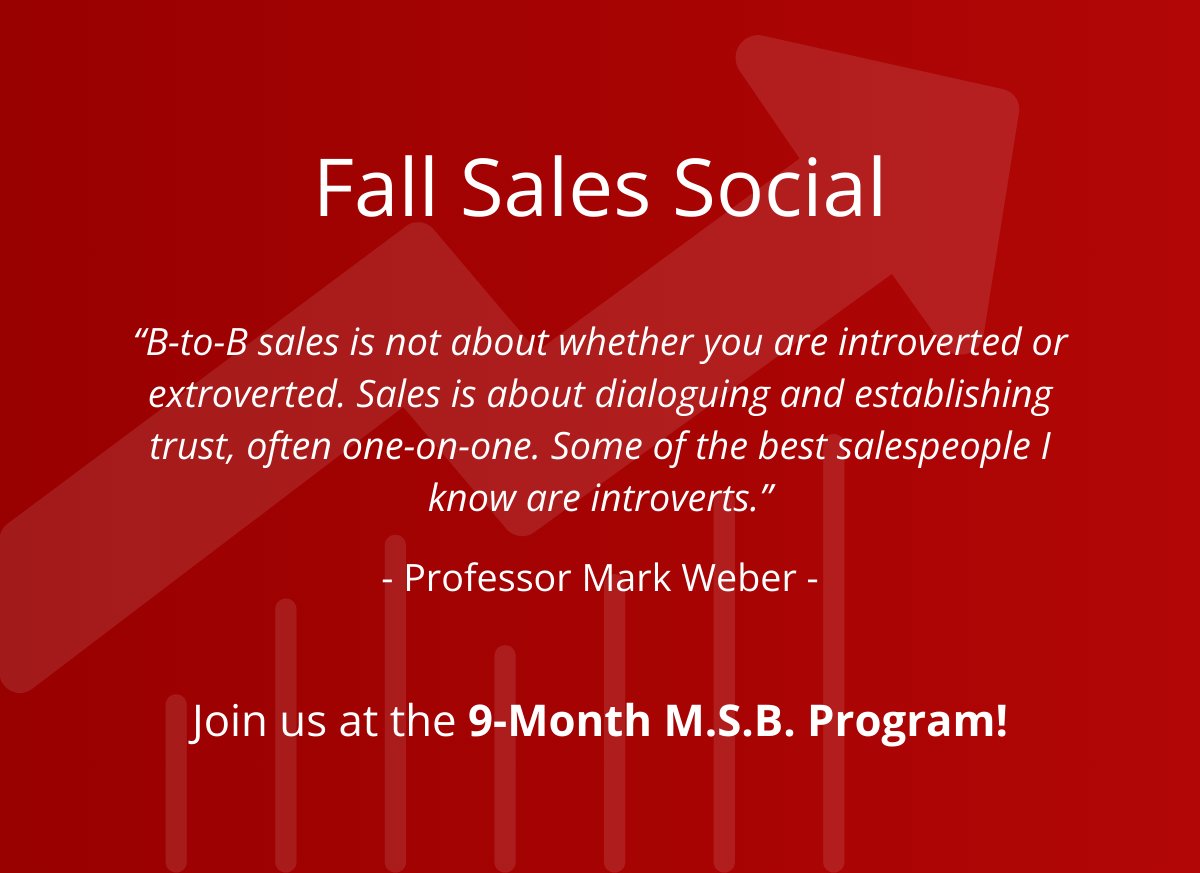 CUAMSB's tweet photo. "B-B sales is not about whether you are introverted or extroverted. Sales is about dialoguing and establishing trust, often one on one. Some of the best salespeople I know are introverts." - Mark Weber #ThisIsCatholicU https://t.co/v4b3EvzXH9