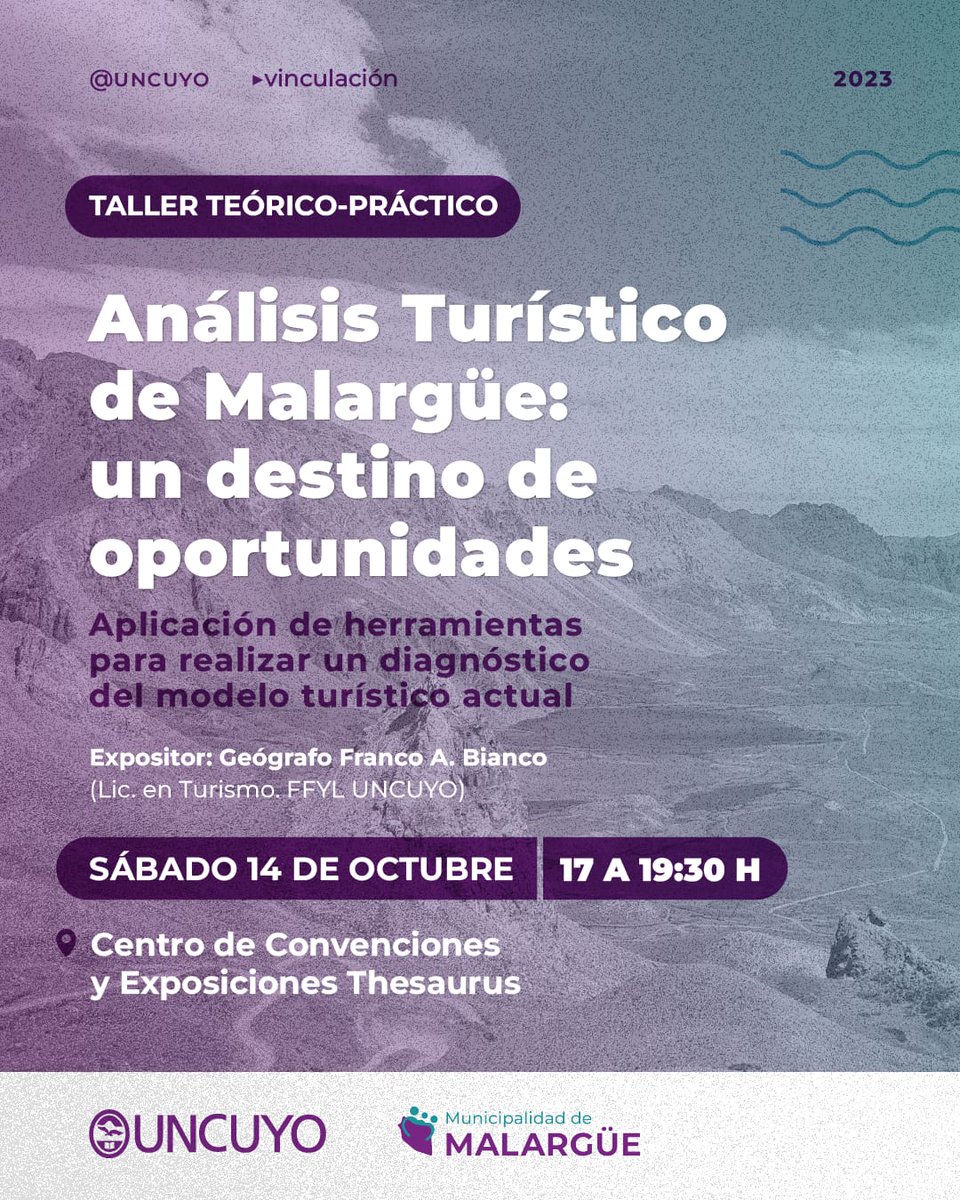 PatryCereso's tweet photo. El 14 de octubre, en el Centro de Convenciones y Exposiciones Thesaurus de Malargüe, se llevó a cabo una capacitación: “Análisis Turístico de Malargüe: un destino de oportunidades”.
Estuvo a cargo del Geógrafo Franco Bianco, Prof de la carrera de Licenciatura en Turismo, UNCuyo https://t.co/36j9uzZE45