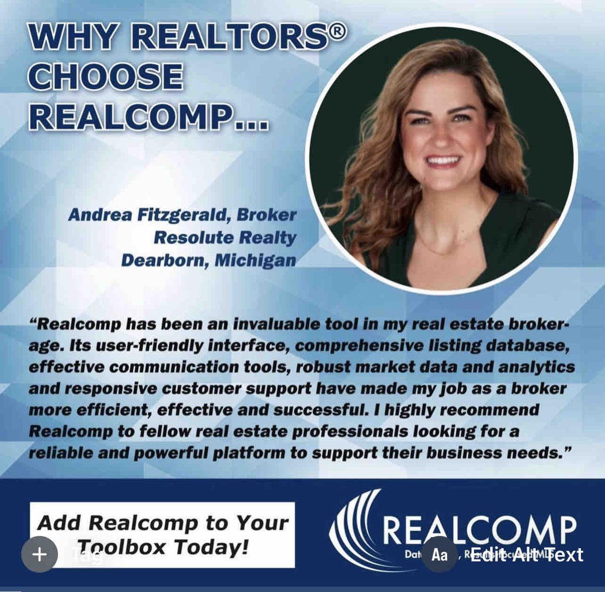 Realcompmls's tweet photo. “Realcomp has been an invaluable tool to my real estate brokerage. I highly recommend Realcomp to fellow real estate professionals, looking for a reliable and powerful platform to support their business needs.” 

Andrea Fitzgerald, Broker 
Resolute Realty
Dearborn, Michigan https://t.co/Glvbo022EV
