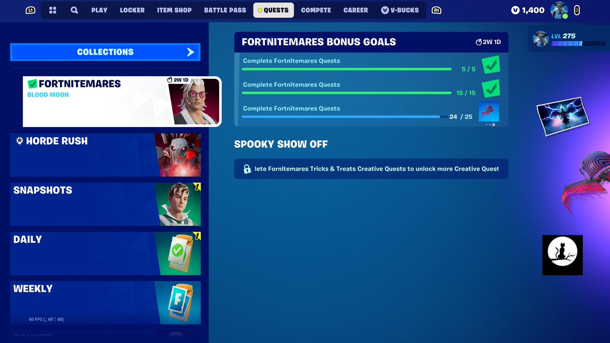 Moto2Kay's tweet photo. @FortniteGame @FortniteStatus I've completed Fortnitemires quests and I'm 24/25 is that a issue or something? 🤔 #PS5Share, #Fortnitemares2023 https://t.co/7xcN6hEqnA