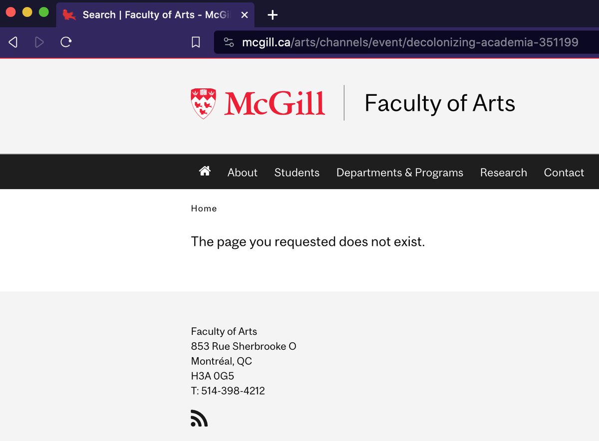 Hmm. So that's interesting. @mcgillu and/or @McGillARTS seem(s) to have discretely quashed/ covered up/memory-holed the event 'Decolonizing Academia.' Why would McGill cancel such an event? Does anyone have any tips, recordings, etc. about this? DM or email.