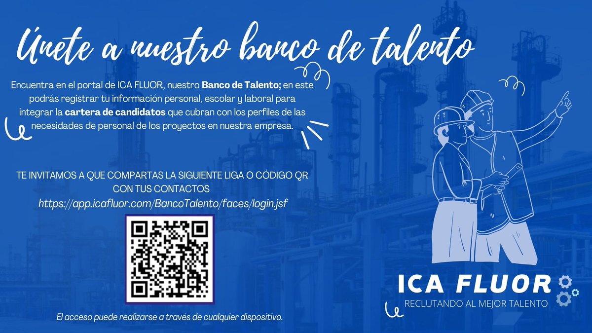 ICA_Industrial's tweet photo. ICA Fluor busca tu talento. Conoce nuestras vacantes en la plataforma Banco de Talento. Tan solo escanea el código de barras para ingresar. Comparte con tus contactos 

#ConstruimosConValores #BancoDeTalento #ReclutamientoSeguro  #OportunidadLaboral
#Equidad #NoDiscriminación https://t.co/iP2tXPsCCL