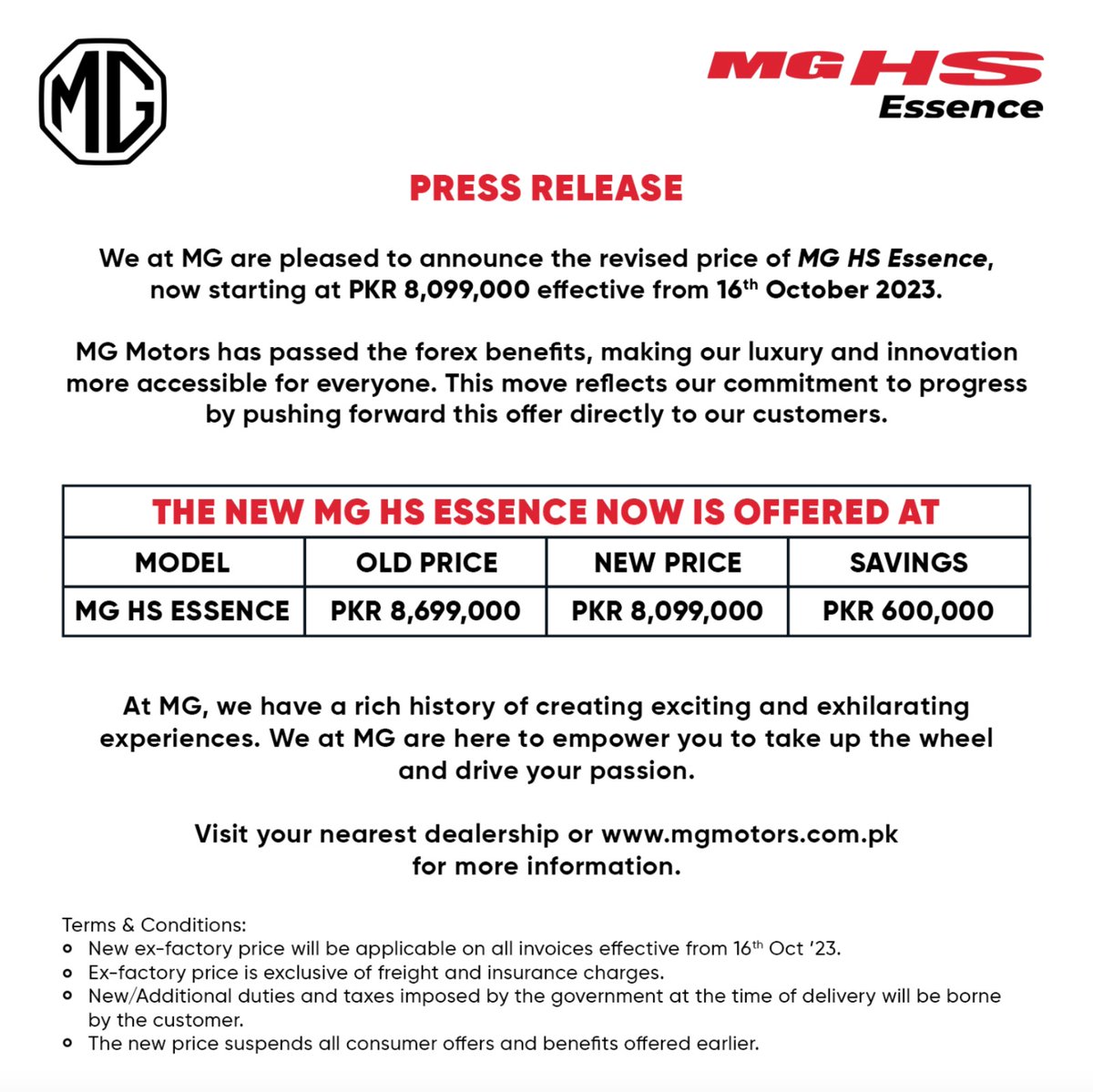 MGPakistan's tweet image. MG redefines value! 🚘💰

With a price tag of Rs. 8,099,000 the MG HS Essence is the best value and most equipped vehicle in the SUV segment. MG Pakistan's recent announcement passes the forex benefit to the customers.

#iloveMG #MGPakistan