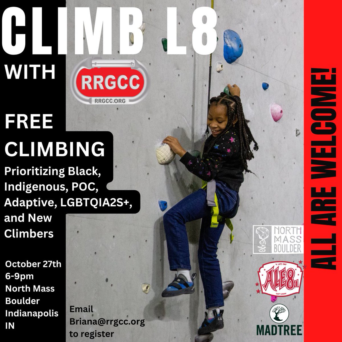 Climb L8!⁠
Hosted by the RRGCC⁠
⁠
Please join us for a complimentary night of rock climbing:⁠
⁠
North Mass Boulder⁠
October 27th from 6-8⁠
1411 Roosevelt Ave⁠
Indianapolis, IN 46201⁠
⁠
Guests need to register by emailing briana@rrgcc.org⁠

⁠
Join each month!⁠