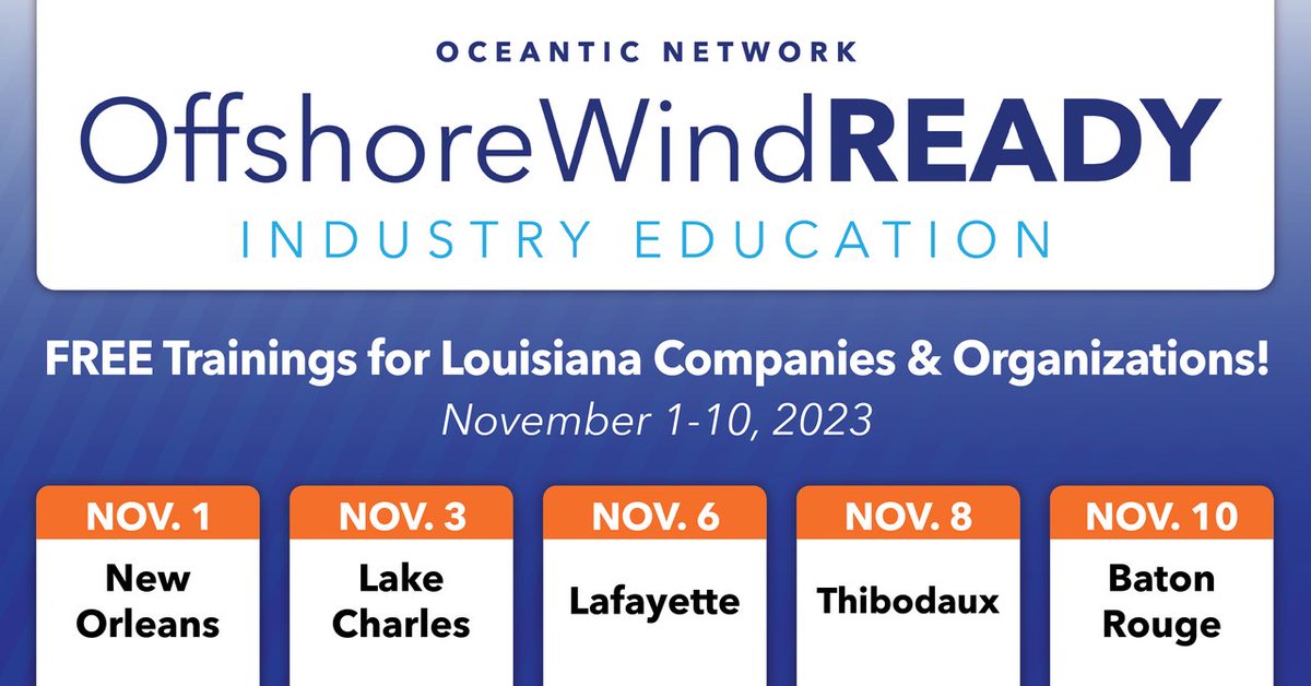 Attention Louisiana! We're offering a FREE 1 day educational program ($575 value) that will help identify business opportunities in OSW for your company. Multiple events tailored specifically for Louisiana businesses are coming up, so mark your calendars! bit.ly/3tBVgbt