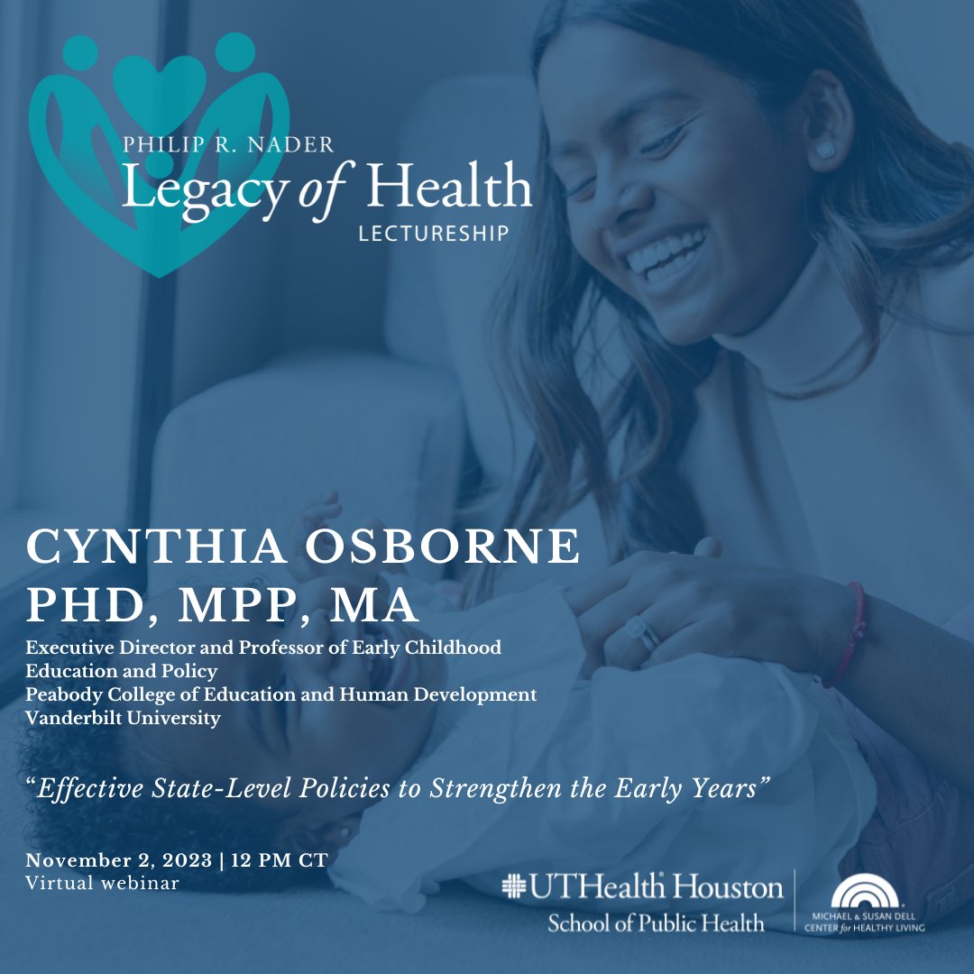 Join us on 11/2 for our annual Nader Legacy of Health Lectureship, featuring <a href="/BlahaOsborne/">Cynthia Osborne</a>, who will discuss policy solutions that help foster the nurturing environments infants &amp; toddlers need to thrive. CHES credits available!

Register: bit.ly/48DD40S