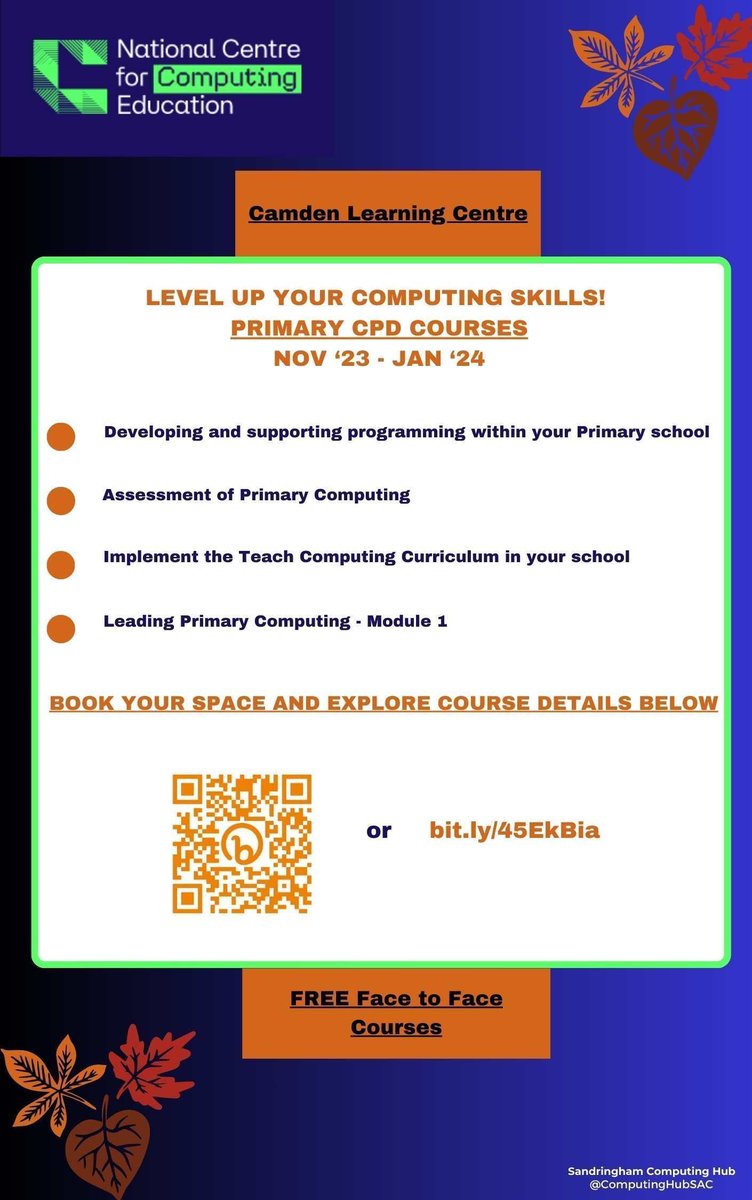 FREE PRIMARY FACE TO FACE CPD COURSES AVAILABLE BETWEEN NOV '23 - JAN '24 LOCATION: CAMDEN LEARNING CENTRE, NW1 1RD BOOKING AND COURSE DETAILS AVAILABLE HERE: buff.ly/4902J42