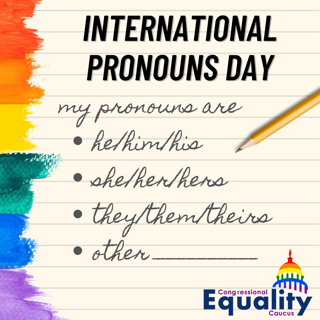 RepJasmine's tweet photo. However you identify, your pronouns are valid.

Today, my @EqualityCaucus colleagues and I are celebrating #PronounsDay and normalizing respecting each person’s unique individuality by using their correct pronouns. It's not hard, y'all!

By the way, my pronouns are she/her/hers https://t.co/pzWhx9z1Xd