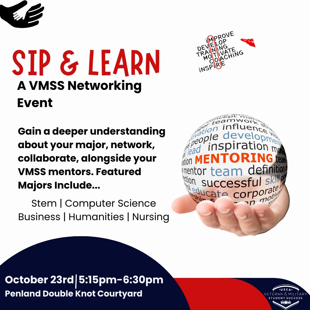 Whether you're a veteran, active-duty service member, or military spouse, don't miss this chance to enhance your networking skills and gain a deeper understanding of your chosen field, while enjoying great company and refreshments!

We'll see you there! #SipAndLearn #USCA #VMSS
