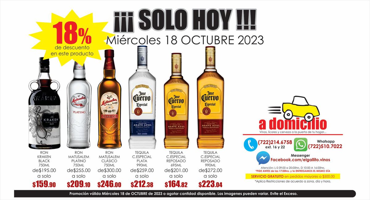 vinoselgallito's tweet photo. SOLO HOY AMIGALLITOS…

#promociones #amigallitos #ron #tequila #thekrakenrum #ronmatusalem #cuervoespecial https://t.co/UOHUQYkrTI