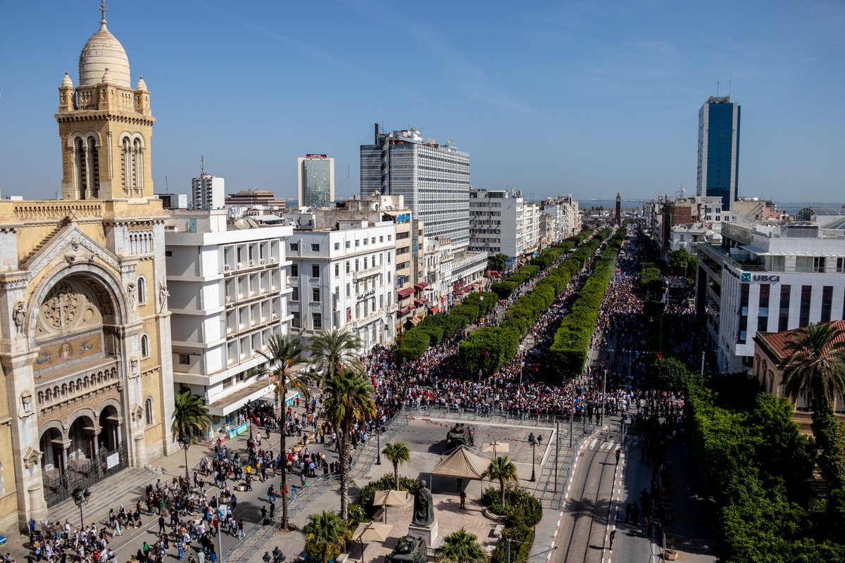 A higher-res photo of the massive demonstration supporting Palestinian resistance &amp; denouncing Israeli war crimes in downtown Tunis, Tunisia this morning. Photo by <a href="/ShahdLina/">Chahd lina شهد لينا</a>