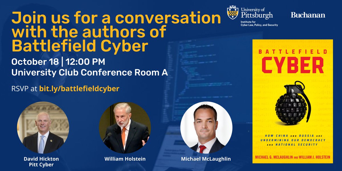 Pitt Cyber (@pittcyber) on Twitter photo Today at noon! Join us for a discussion on the #cybercrimes perpetrated by #russia and #china and how the U.S. should refine its defensive capabilities. Today at noon! Join us for a discussion on the #cybercrimes perpetrated by #russia and #china and how the U.S. should refine its defensive capabilities.