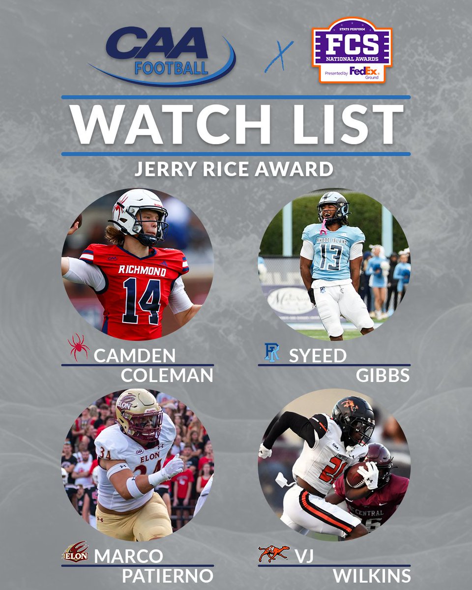 CAAFootball's tweet photo. 4️⃣ #CAAFB players are named to the midseason watch list of the 2023 @FCS_STATS Jerry Rice Award 👏

▪️ Camden Coleman, @Spiders_FB 
▪️ Syeed Gibbs, @RhodyFootball 
▪️ Marco Patierno, @ElonFootball  
▪️ VJ Wilkins, @GoCamelsFB 

➡️ https://t.co/H6lTQHwfkn https://t.co/APTl7ieQSO
