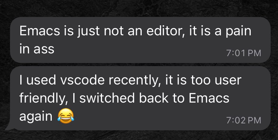 Ninja_Engineer_'s tweet photo. Loyality be like:  #emacs #programming #editor https://t.co/cUlhWWfCSy