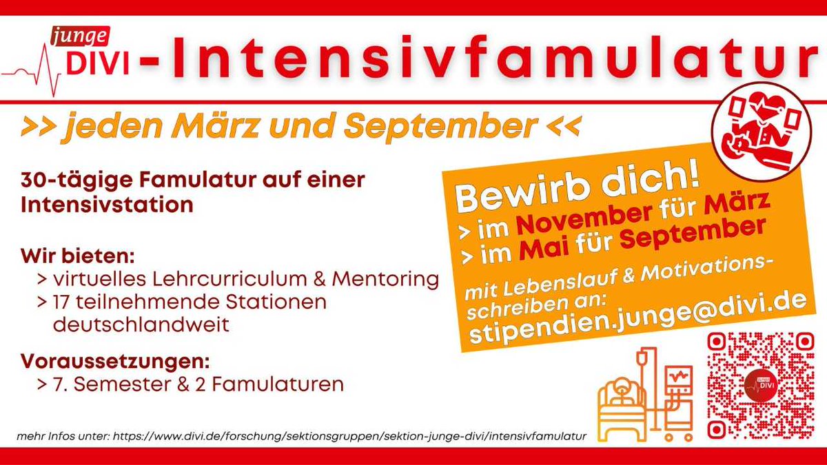 Jetzt bewerben für die JungeDIVI Intensivfamulatur 2024, inkl. Mentor, Online Lehrcurriculum Intensivmedizin.
Bundesweit 17 Intensivstationen, wir sind dabei - GLG Werner Forßmann Klinikum Eberswalde bei Berlin. Infos:divi.de/forschung/sekt…
